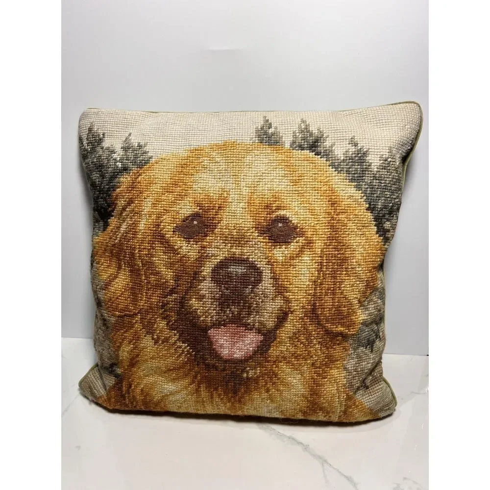 VTG Wool/ Cotton Needlepoint Pillow Golden Retriever Dog